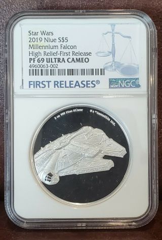 2019 Star Wars Ngc Pf 69 U/c Niue 2oz Silver $5 " Millennium Falcon " High Relief