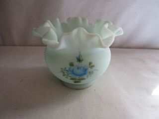 Fenton Blue Satin Rose Bowl W Ruffled Edge Hand Painted By L Emerson 3.  75 " Tall