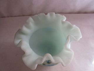 Fenton Blue Satin Rose Bowl w Ruffled Edge Hand Painted By L Emerson 3.  75 