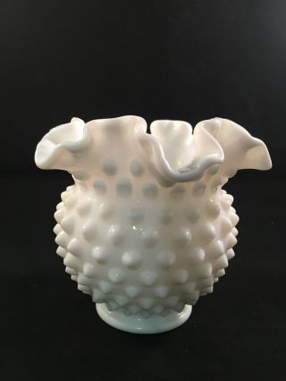 Vtg Fenton White Hobnail Milk Glass Small Rose Bowl Vase Ruffled Edge 4.  25 " Tall