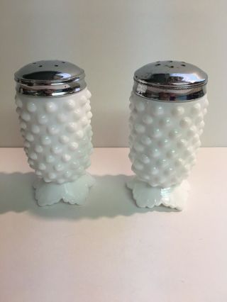 Vintage Fenton Hobnail Footed White Milk Glass Salt & Pepper Shakers