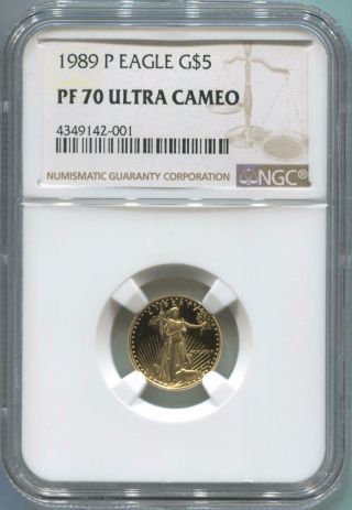 1989 P $5 Gold Eagle,  1/10 Oz.  Ngc Pf70 Ultra Cameo