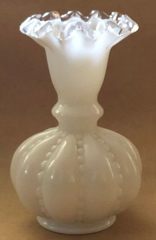 Antique 5” Tall Milk Glass Bud Vase With Ruffle Top Ornate Shape Euc