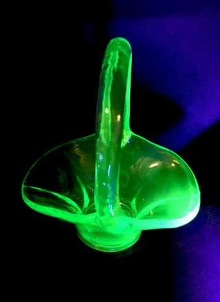 Green Depression Uranium Glass Miniature Favor Basket 3” X 4”