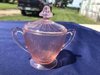 Jeanette Depression Glass Pink Homespun Fine Rib Sugar Bowl With Lid