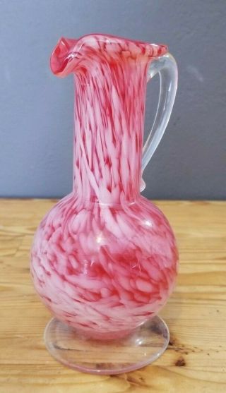 Vintage Hand Blown Red And White Splatter Vase With Clear Handle And Foot