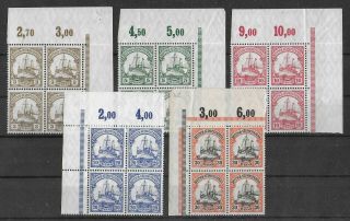 German South West Africa 1906 - 1919 Nh Set Of 5 Blocks Of 4 Michel 24 - 28 Vf