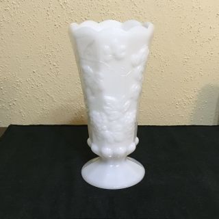Vintage White Milk Glass 9 " Vase Grape Vine Pattern 10 Panel Pedestal