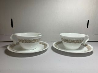 Set Of 2 Vintage Corelle Woodland Brown Hook Cups And Saucers