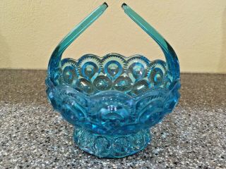 Vintage Aqua Blue Turquoise Cut Pressed Glass Candy Dish Split Handle Euc