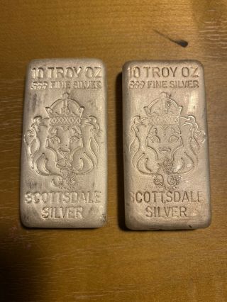 (2) 10 Oz Hand Poured Scottsdale Silver Bars - Ten Troy Oz.  999 Silver A199