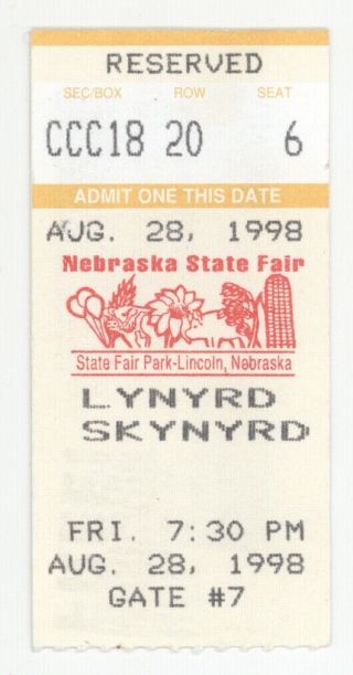 Rare Lynyrd Skynyrd 8/28/98 Lincoln Nebraska State Fair Concert Ticket Stub