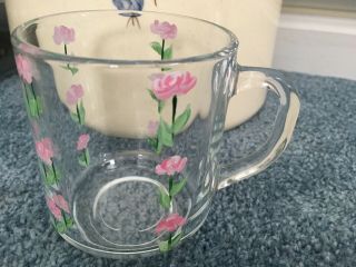 Arcoroc France Small Hand Painted Floral Pink Flowers Glass With Handle