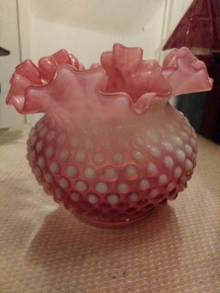 Vintage Fenton Cranberry Opalescent Hobnail Squat Vase 5 - 1/2”