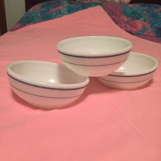 Set Of 3 Vintage Pyrex Cereal Bowls Blue Stripe Dbl.  Tough Milk Glass