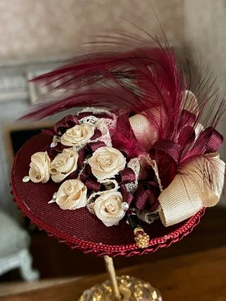Vintage Miniature Dollhouse Artisan Custom Silk Victorian Ladies Hat Wine Red