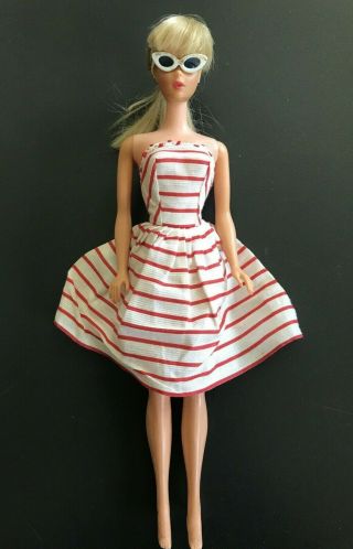 Vntg 1966 Mattel Barbie Doll Japan Red White Stripped Strapless Dress Sunglasses