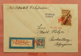 1933 Austria K1 Rocket Mail Cover W/23d1a Label Ez 23c1 Ex Al Barnes