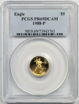 1988 - P Gold Eagle $5 Pcgs Pr 69 Dcam Tenth Ounce 1/10 Oz Fine Gold