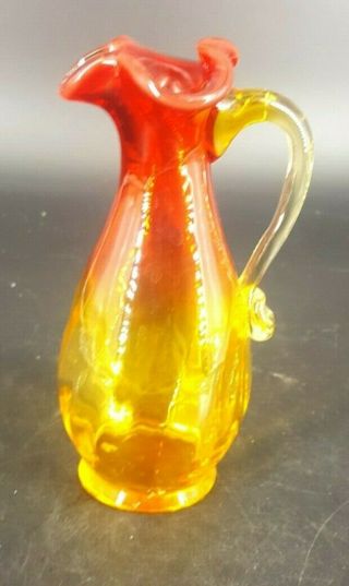 Vintage Amberina Red Yellow Art Glass Small Pitcher Creamer Cruet Ruffle Edge