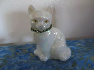Vintage Fenton Hand Painted Iridescent Cat With Green Rhinestone Necklace