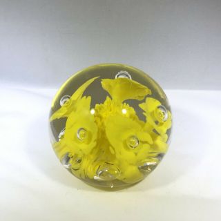 Vintage Signed Joe St Clair Paperweight Glass Round Yellow Color Flowers