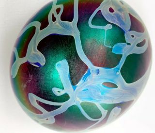 Rollin Karg Signed Dichroic Phosphate Opal Art Glass Paperweight Orb Biomorphic