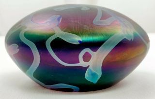 Rollin Karg Signed Dichroic Phosphate Opal Art Glass Paperweight Orb Biomorphic 2