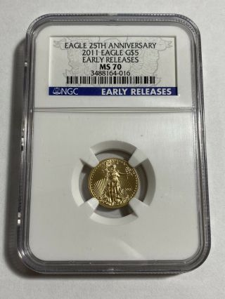 2011 $5 Gold Eagle Ms70 Ngc 1/10 Oz Early Releases Blue Label Age 1/10oz