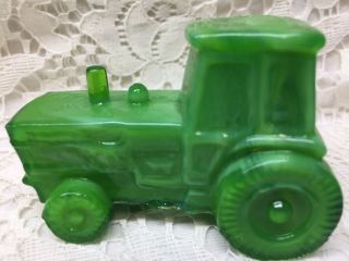 Green Jadeite milk glass farm tractor candy container john deere Slag marble art 3