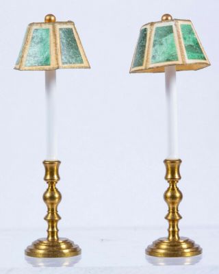 Dollhouse Miniatures Non Brass Lamps W/ Green Shades,  Lights