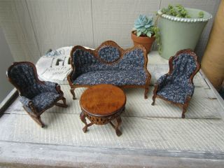 Dollhouse Miniature Victorian Sofa Couch Rocking Chair Table Blue & Wood Set