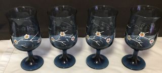 Vintage Set Of 4 Wine Glasses Water Goblets Cobalt Blue White Branches & Flowers