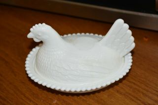 Vintage Chicken Hen On Nest Covered Candy Dish Opalescent White Milk Glass