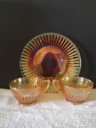 Vintage Iridescent Marigold Carnival (2) Cups And (1) Plate