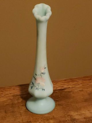Vintage Fenton Blue Satin Glass Hand Painted Bud Vase,  Signed S.  Kirby,  8.  25 "