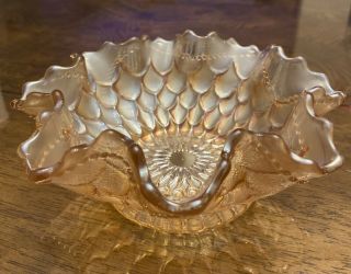 Vintage Amber Iridescent Marigold Carnival Glass Candy Dish Fluted Edge