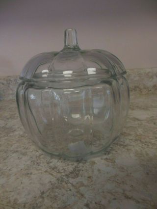Anchor Hocking Clear Pumpkin Glass Candy Cookie Jar Made In Usa