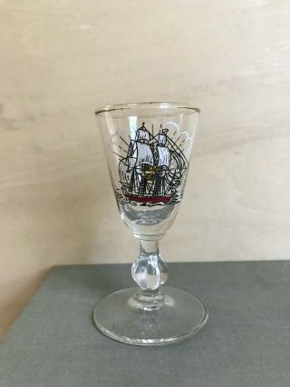 Vintage Libbey Footed Cordial Or Shot Glass Treasure Island Pirate Ship