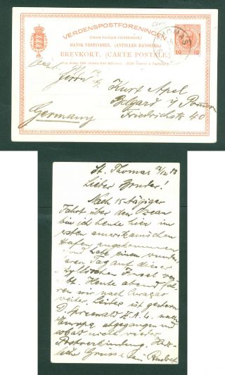 Danish West Indies.  1913 Stationery Card.  10 Bit.  King.  St.  Thomas.  Facit Bk14.  Adr.