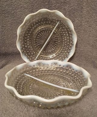 Set Of 2 White Opalescent Hobnail Glass Divided Plates Relish Dishes