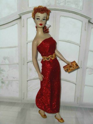 Vintage Barbie Clone Red Sparkle Evening Dress Hm Gold Sequin Headband Belt,