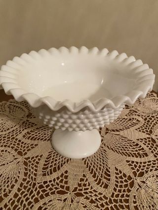 Vintage Hobnail Milk Glass Pedestal Bowl/candy Dish With Fluted Top.  6 Inches