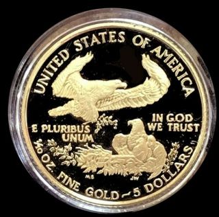 2007 W GOLD US AMERICAN EAGLE $5 DOLLAR 1/10 OZ PROOF COIN IN CAPSULE 2