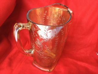 Vintage Jeanette Iridescent Marigold Carnival Glass Pitcher 9 1/2” Tall