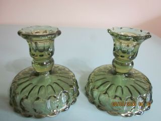 Vintage Fenton Colonial Green Thumbprint Candlestick Holders