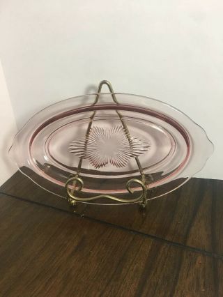 Vintage Pink Depression Glass Oval Platter Plate Tray Starburst Center 11 By 6.  5