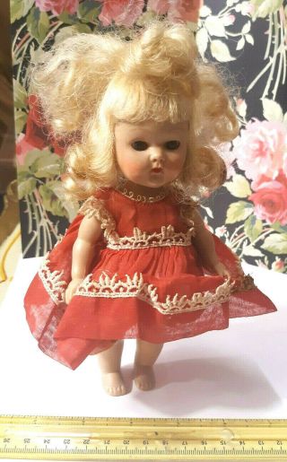Old Vintage Blonde Str Leg Brown Eye Vogue Ginny Doll W Red Medford Dress Tlc