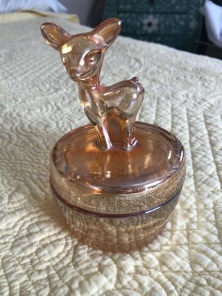 Vintage Jeanette Peach Luster Carnival Glass Powder Trinket Box