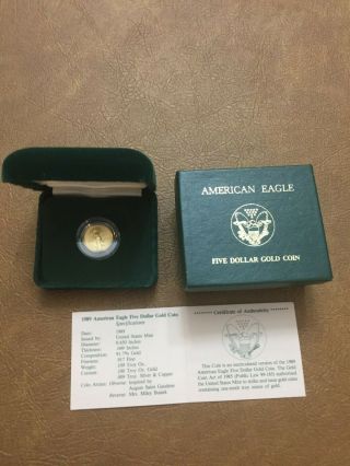 1989 American Five Dollar Proof Gold Eagle 1/10oz Coin W/coa - Usps First Class